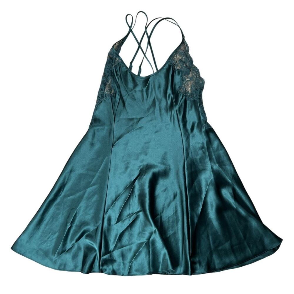 Victoria's Secret Chemise Womens M Green Satin Lace Trim Nightgown Lingerie